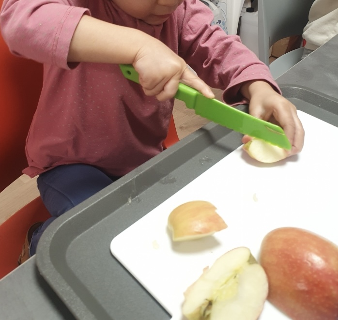 activité de vie pratique avec une enfant qui découpe un oignon avec du matériel adapté